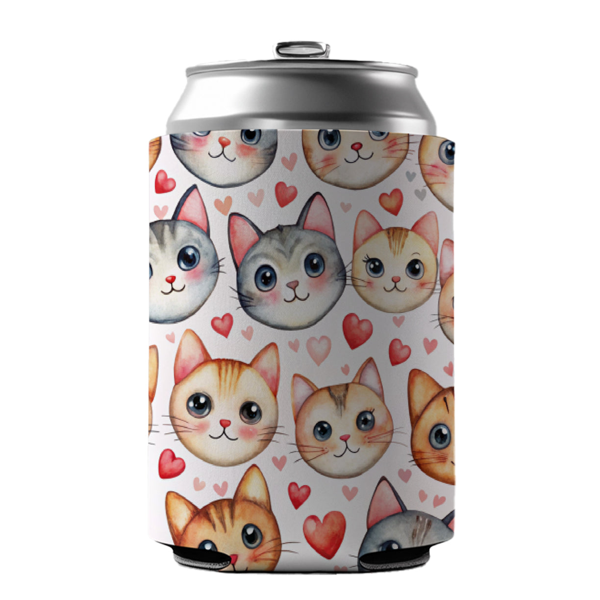 Cute Cat Faces Hearts Watercolor Can Cooler Beer Soda Drink Insulated Holder Sleeve Hugger