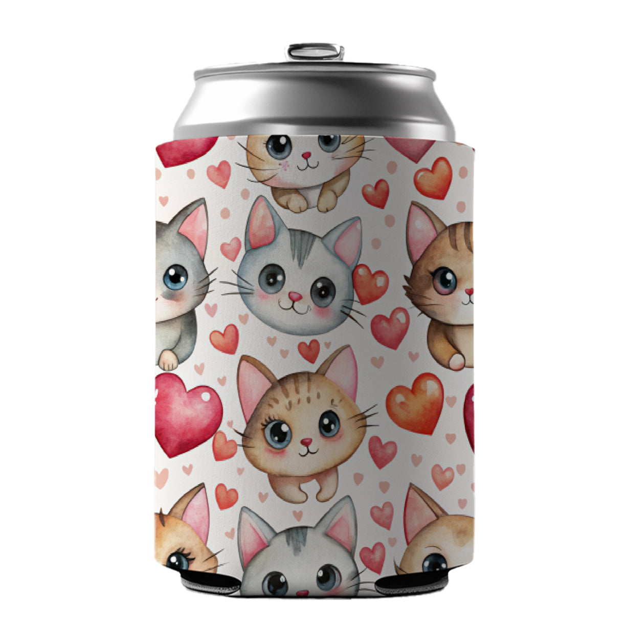 Cute Cats Hearts Watercolor Can Cooler Beer Soda Drink Insulated Holder Sleeve Hugger