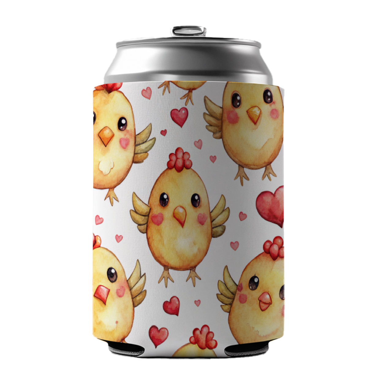 Cute Chickens Hearts Watercolor Can Cooler Beer Soda Drink Insulated Holder Sleeve Hugger