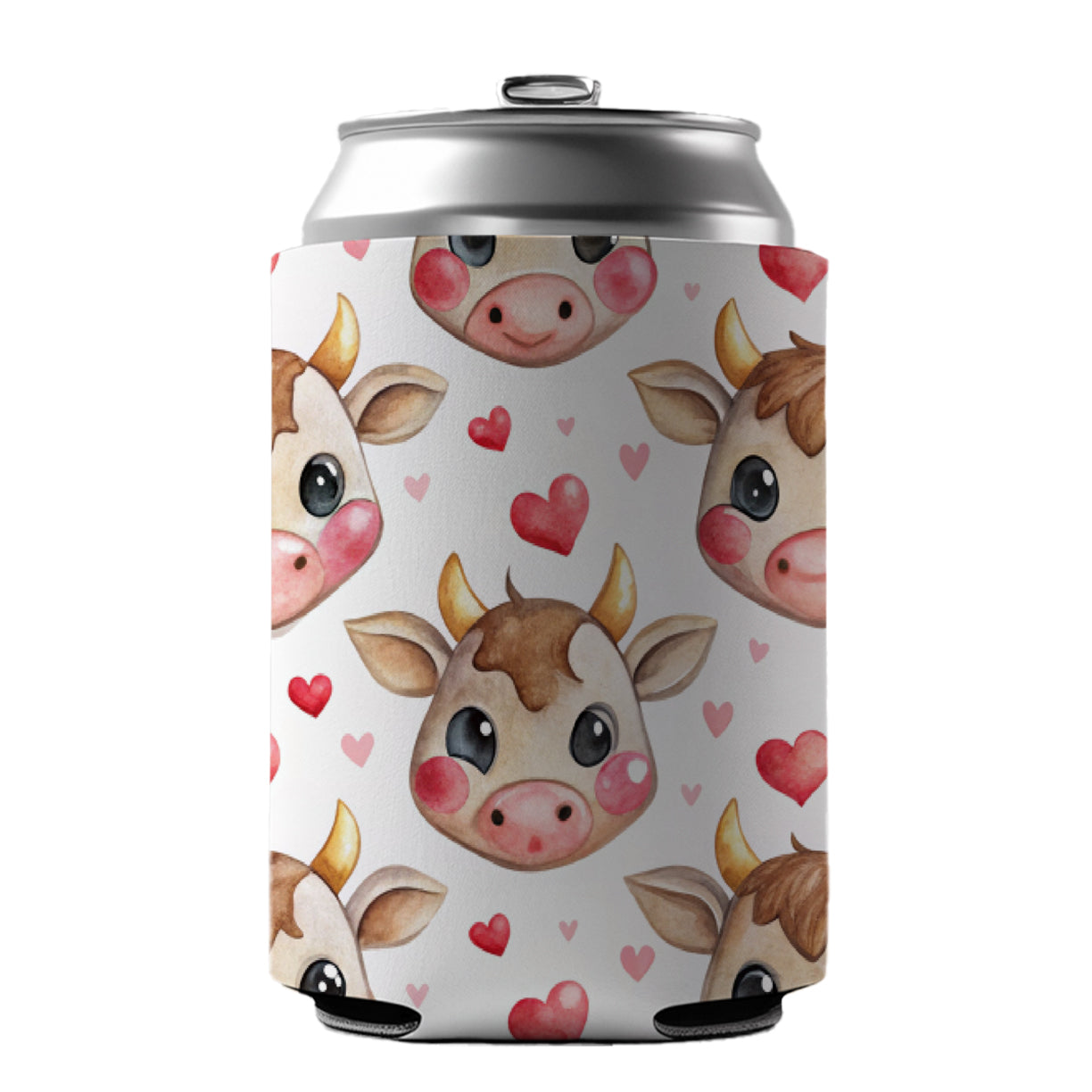 Cute Cow Faces Hearts Watercolor Can Cooler Beer Soda Drink Insulated Holder Sleeve Hugger