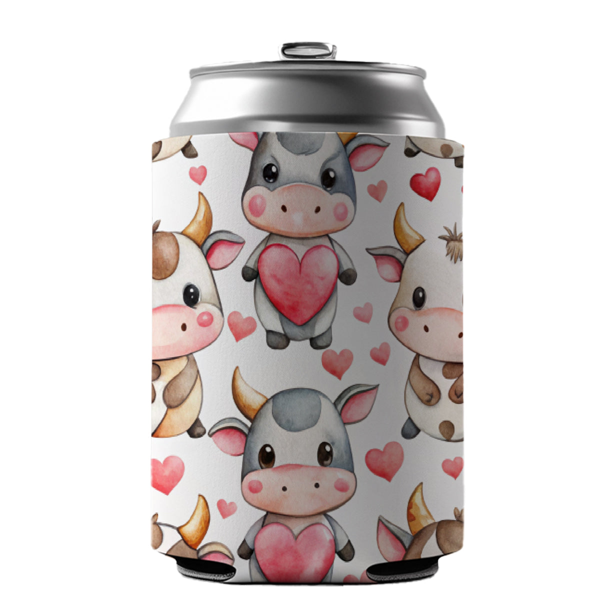 Cute Cows Hearts Watercolor Can Cooler Beer Soda Drink Insulated Holder Sleeve Hugger