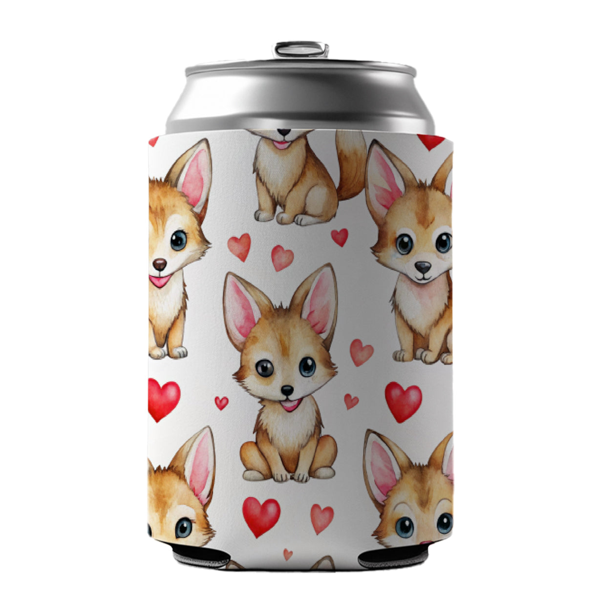 Cute Coyotes Hearts Watercolor Can Cooler Beer Soda Drink Insulated Holder Sleeve Hugger