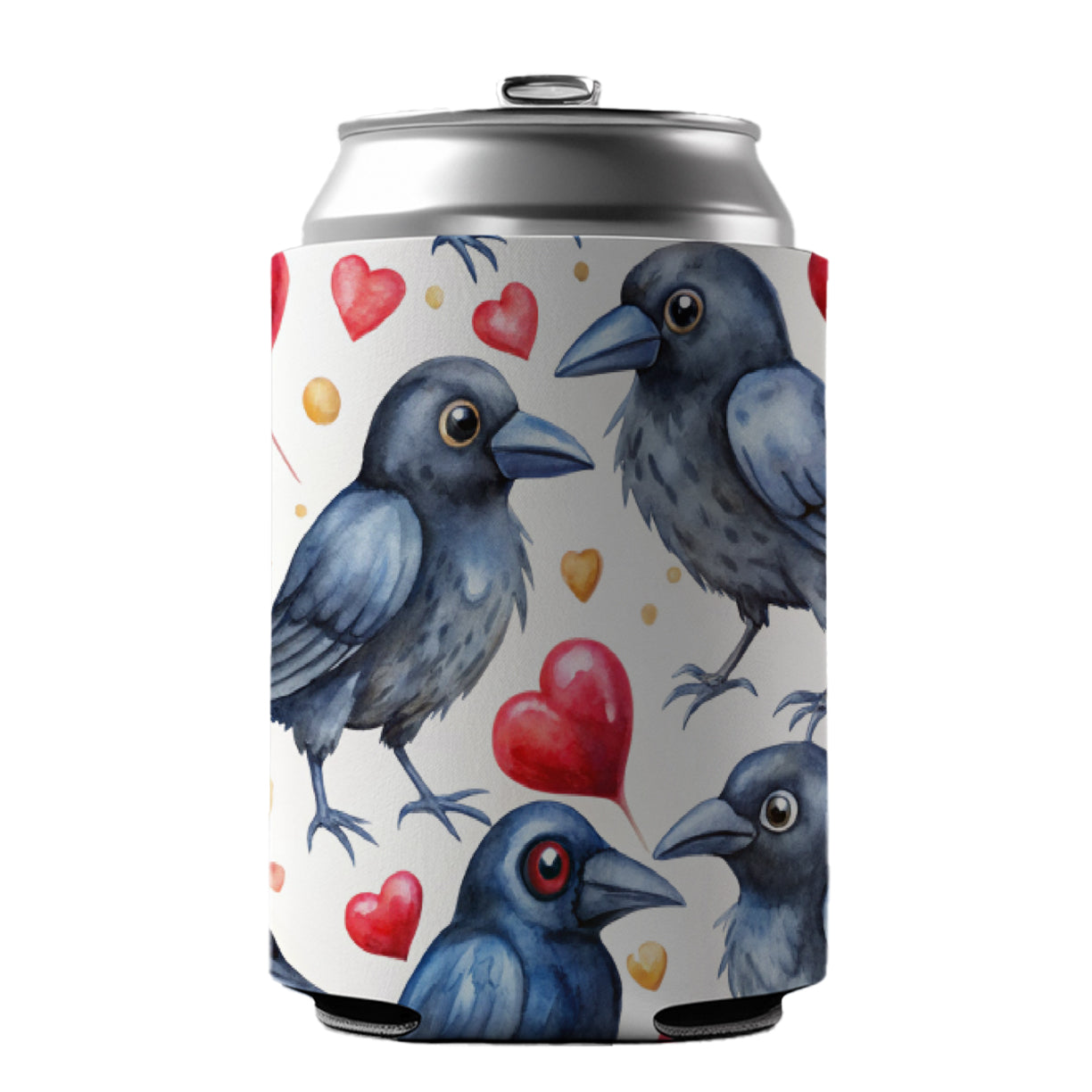 Cute Crows Hearts Watercolor Can Cooler Beer Soda Drink Insulated Holder Sleeve Hugger