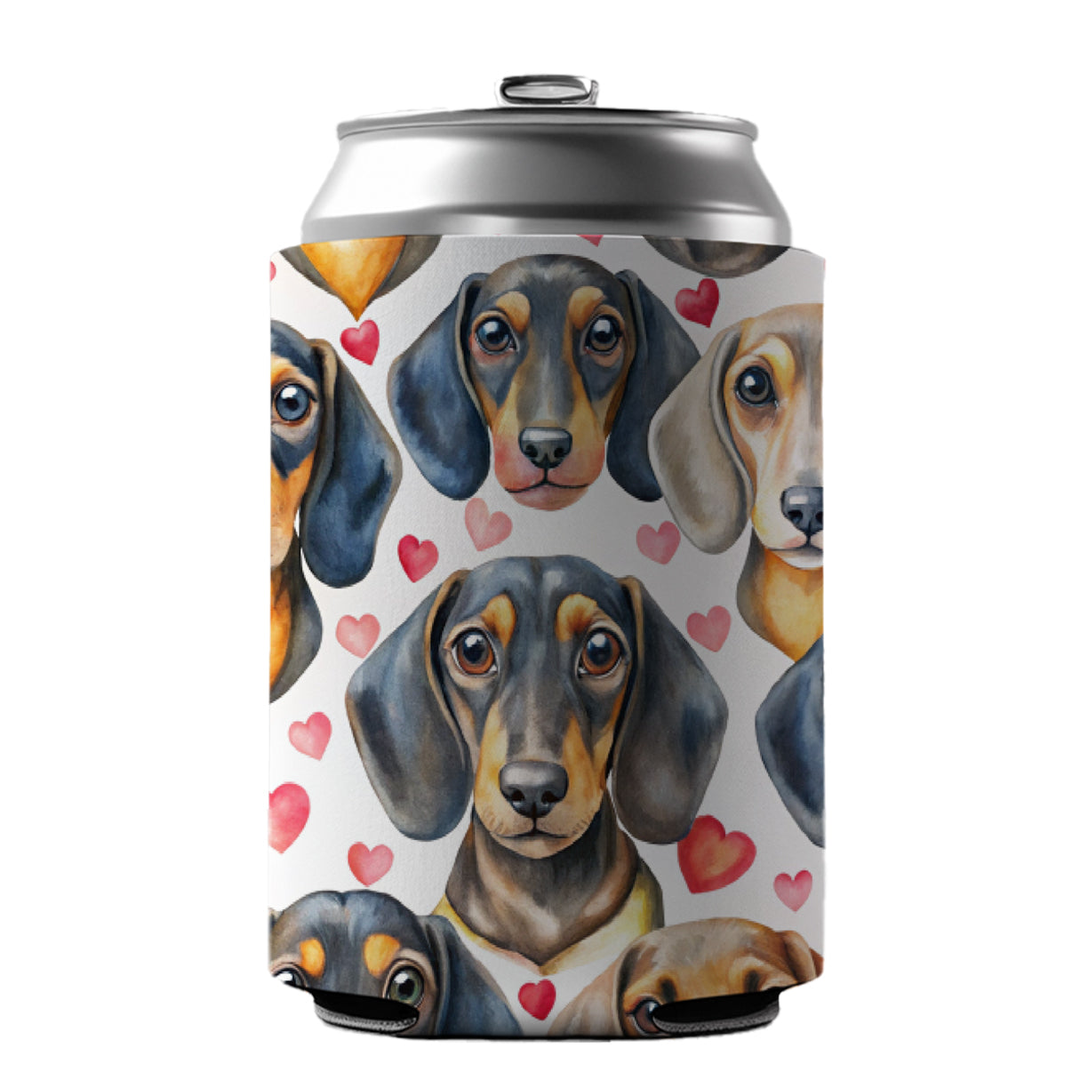 Cute Dachshund Dog Faces Hearts Can Cooler Beer Soda Drink Insulated Holder Sleeve Hugger