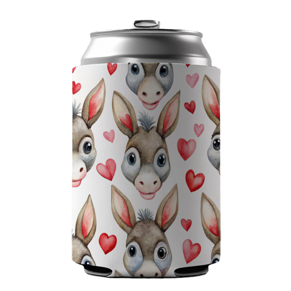Cute Donkey Faces Hearts Watercolor Can Cooler Beer Soda Drink Insulated Holder Sleeve Hugger