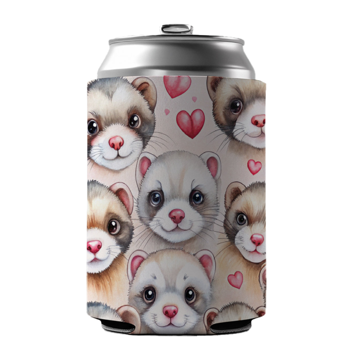 Cute Ferret Faces Hearts Watercolor Can Cooler Beer Soda Drink Insulated Holder Sleeve Hugger