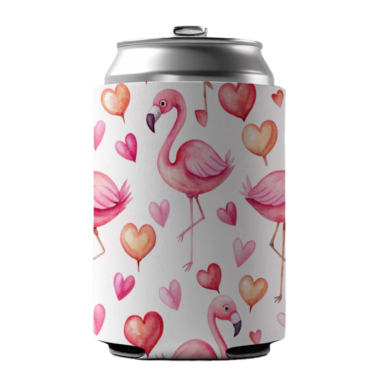 Cute Flamingos Hearts Watercolor Can Cooler Beer Soda Drink Insulated Holder Sleeve Hugger