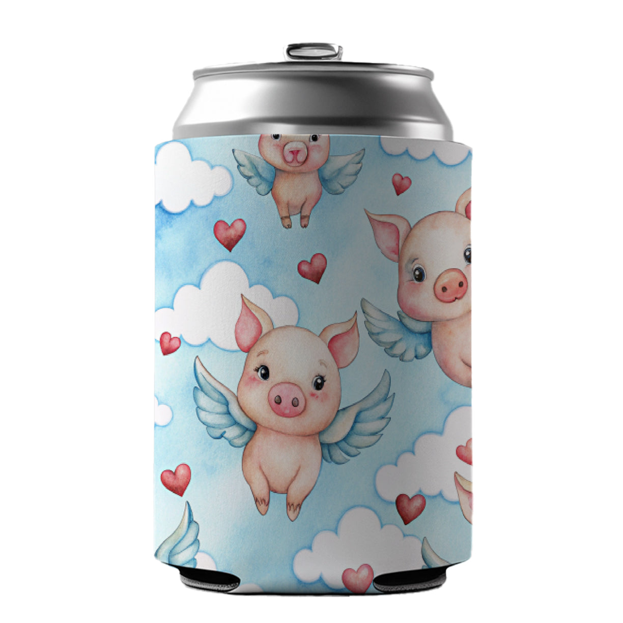 Cute Flying Pigs Hearts Watercolor Can Cooler Beer Soda Drink Insulated Holder Sleeve Hugger