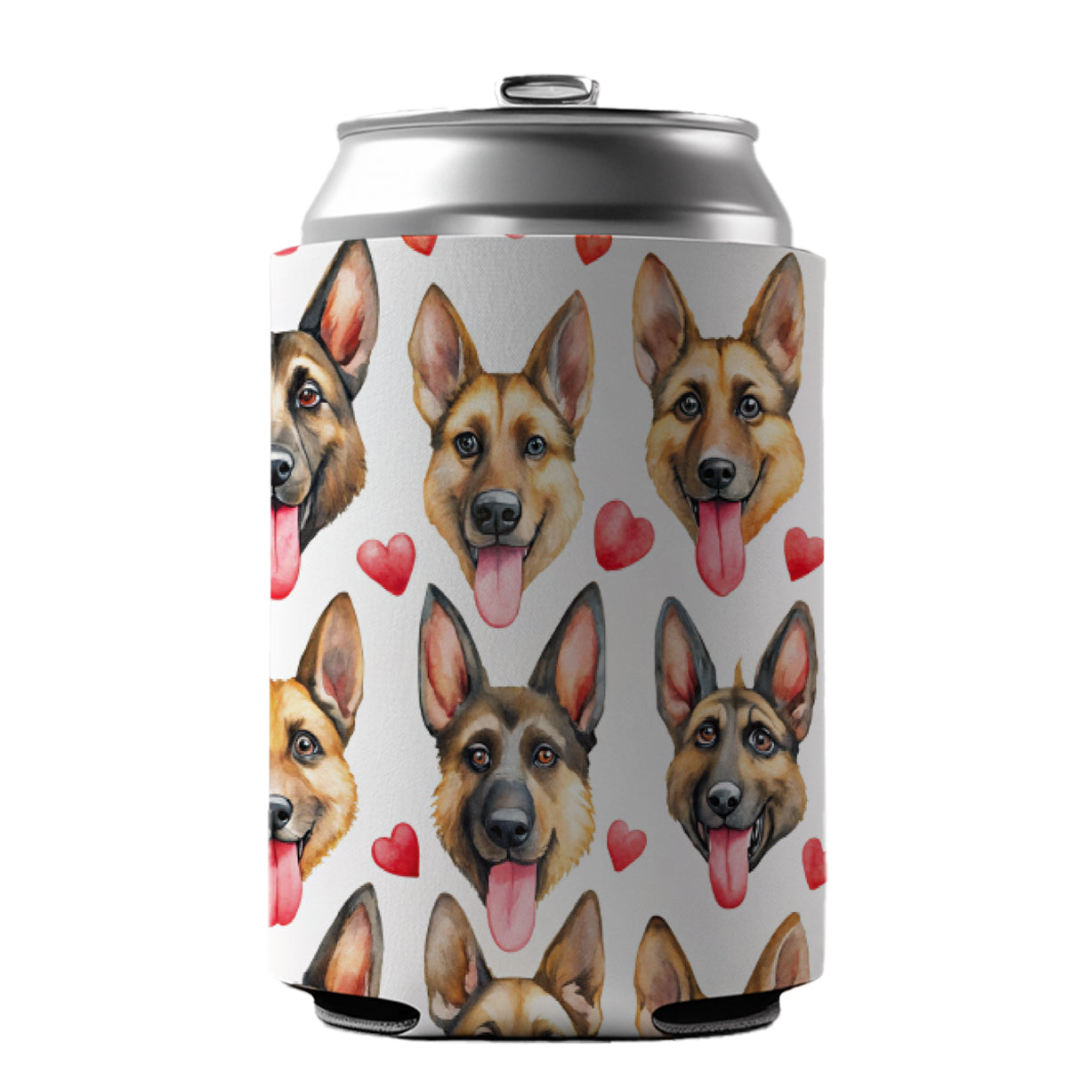 Cute German Shepherd Dog Faces Hearts Can Cooler Beer Soda Drink Insulated Holder Sleeve Hugger