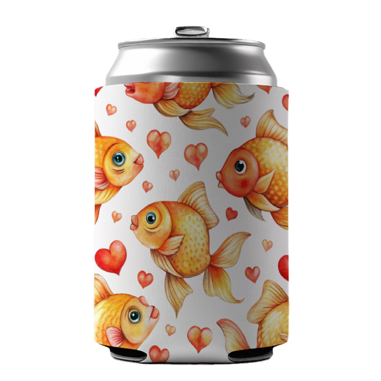 Cute Gold Fish Hearts Watercolor Can Cooler Beer Soda Drink Insulated Holder Sleeve Hugger
