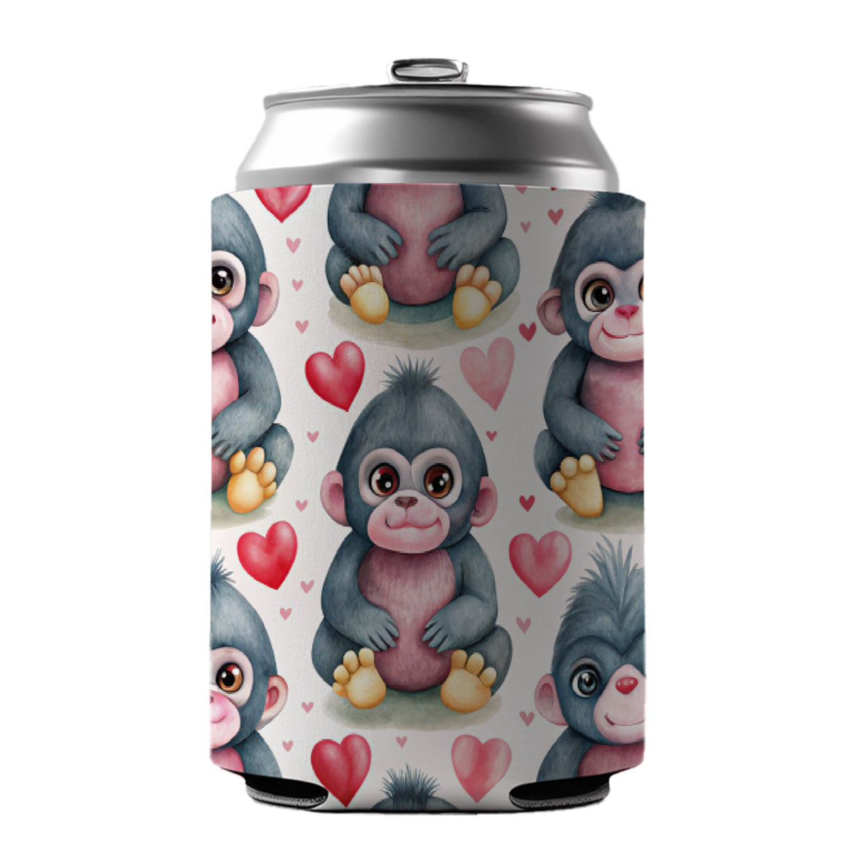 Cute Gorillas Hearts Watercolor Can Cooler Beer Soda Drink Insulated Holder Sleeve Hugger