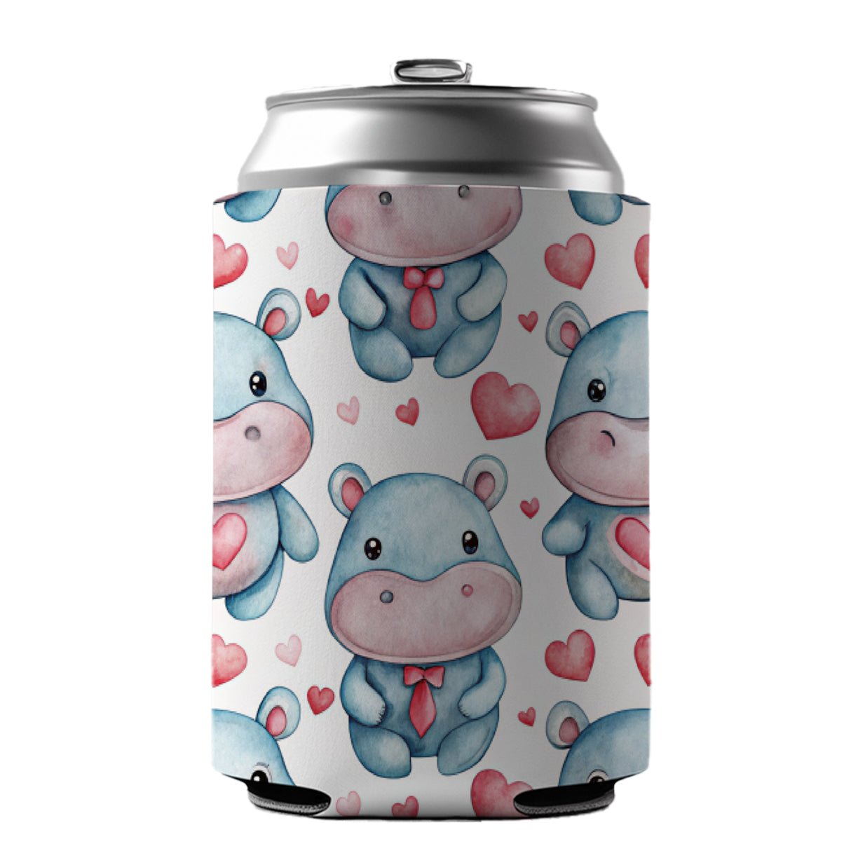 Cute Hippopotamus Hearts Watercolor Can Cooler Beer Soda Drink Insulated Holder Sleeve Hugger