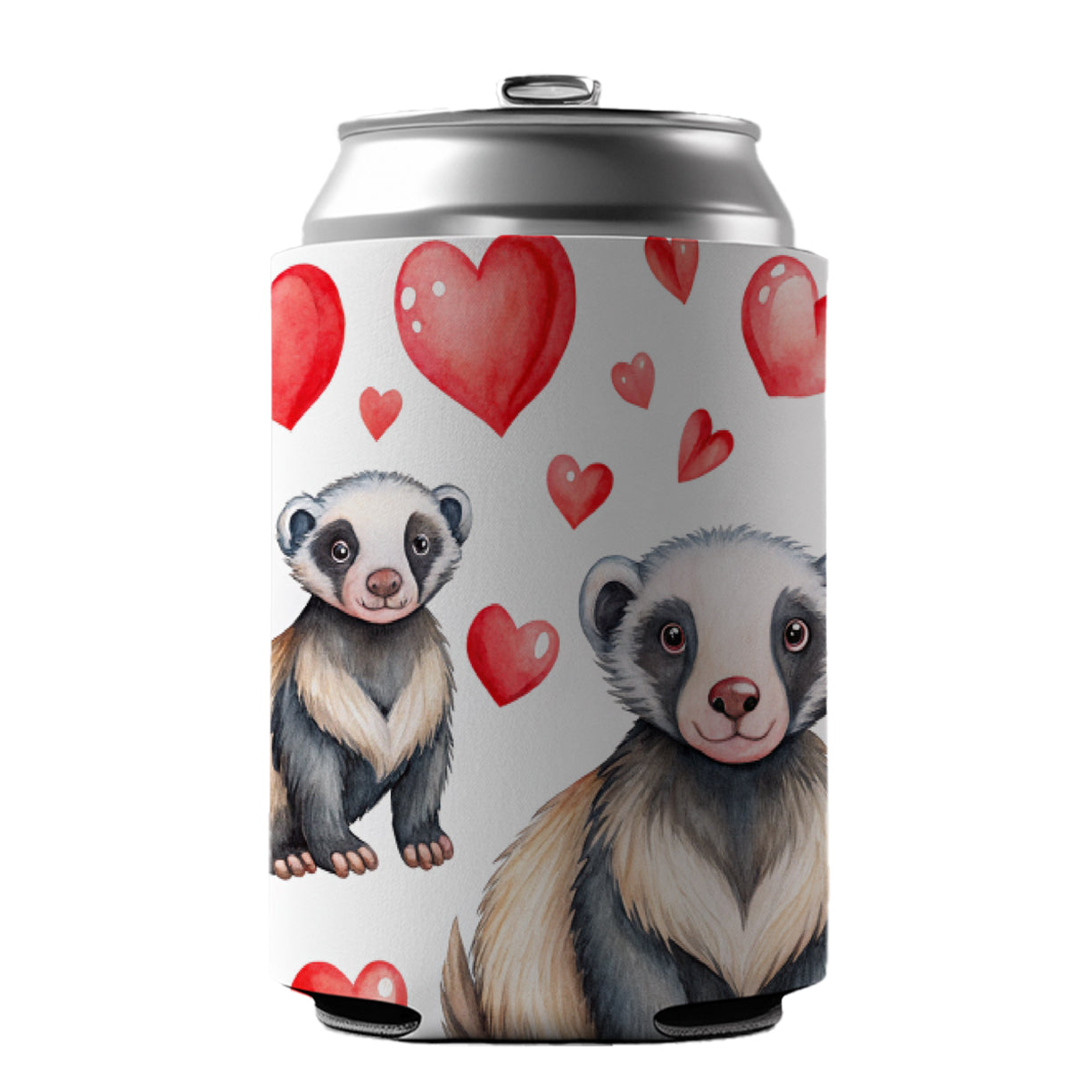 Cute Honey Badger Hearts Watercolor Can Cooler Beer Soda Drink Insulated Holder Sleeve Hugger