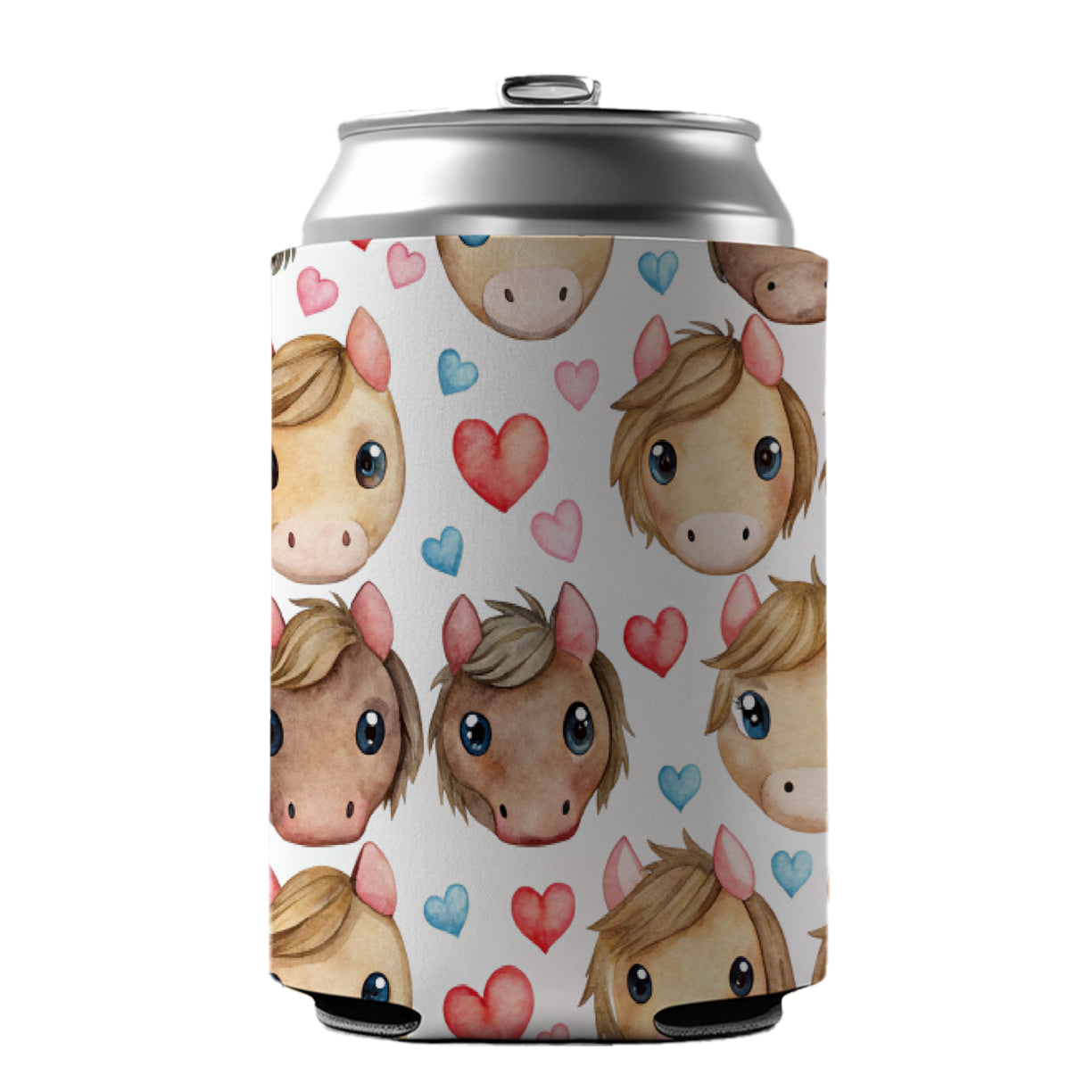 Cute Horse Faces Hearts Watercolor Can Cooler Beer Soda Drink Insulated Holder Sleeve Hugger