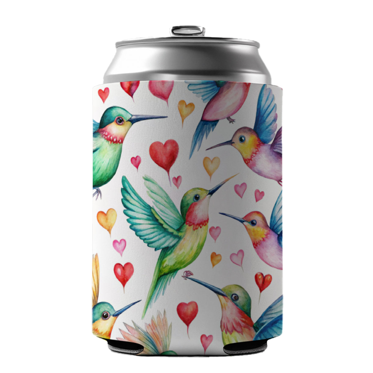 Cute Hummingbirds Hearts Watercolor Can Cooler Beer Soda Drink Insulated Holder Sleeve Hugger