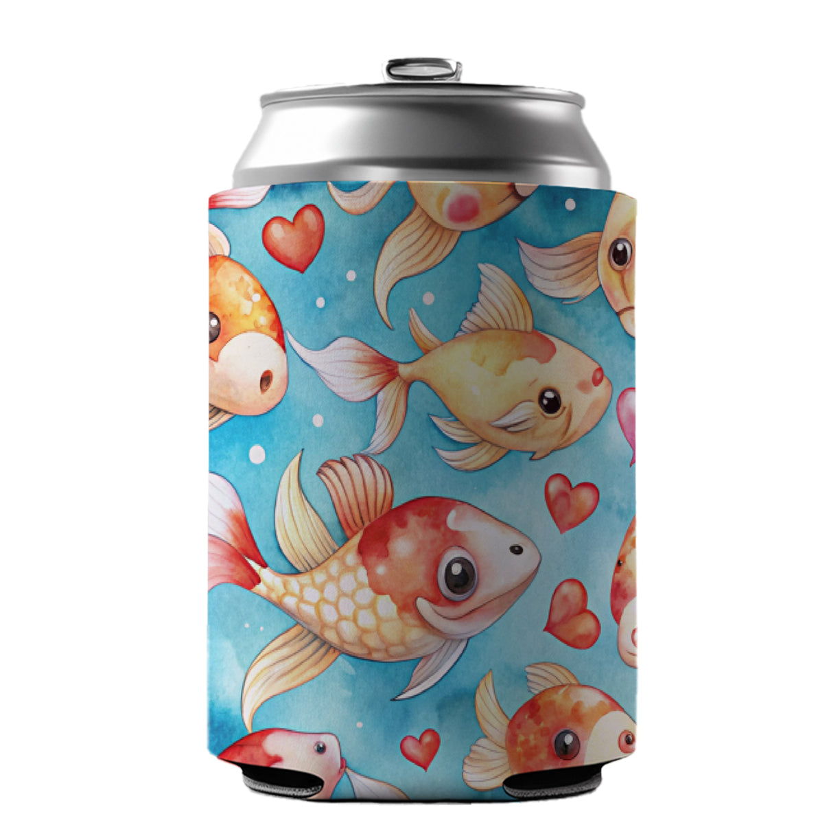 Cute Koi Fishes Hearts Watercolor Can Cooler Beer Soda Drink Insulated Holder Sleeve Hugger