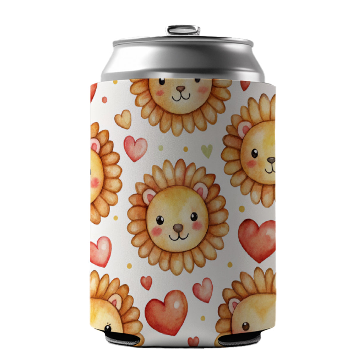 Cute Lion Faces Hearts Watercolor Can Cooler Beer Soda Drink Insulated Holder Sleeve Hugger