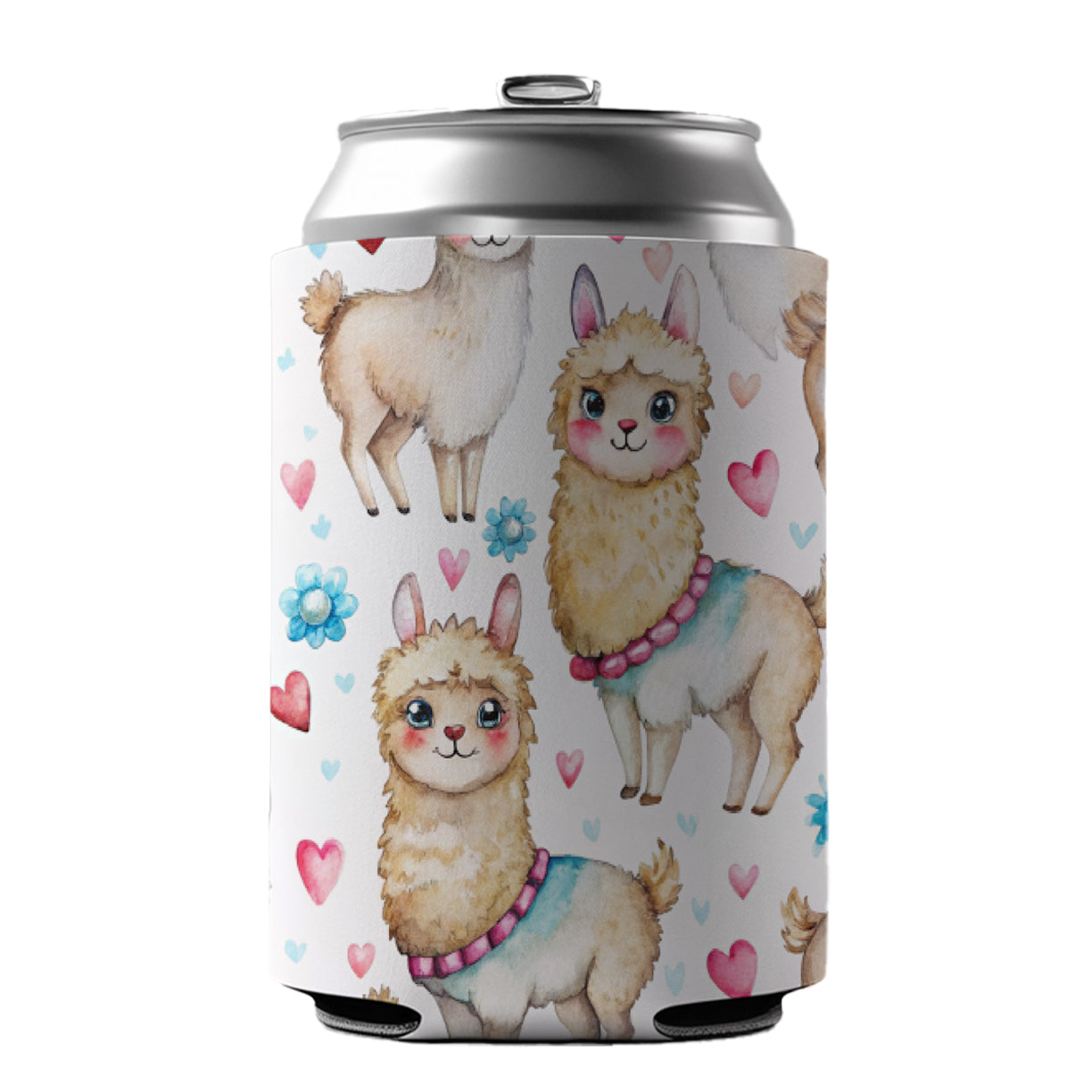 Cute Llamas Hearts Watercolor Can Cooler Beer Soda Drink Insulated Holder Sleeve Hugger