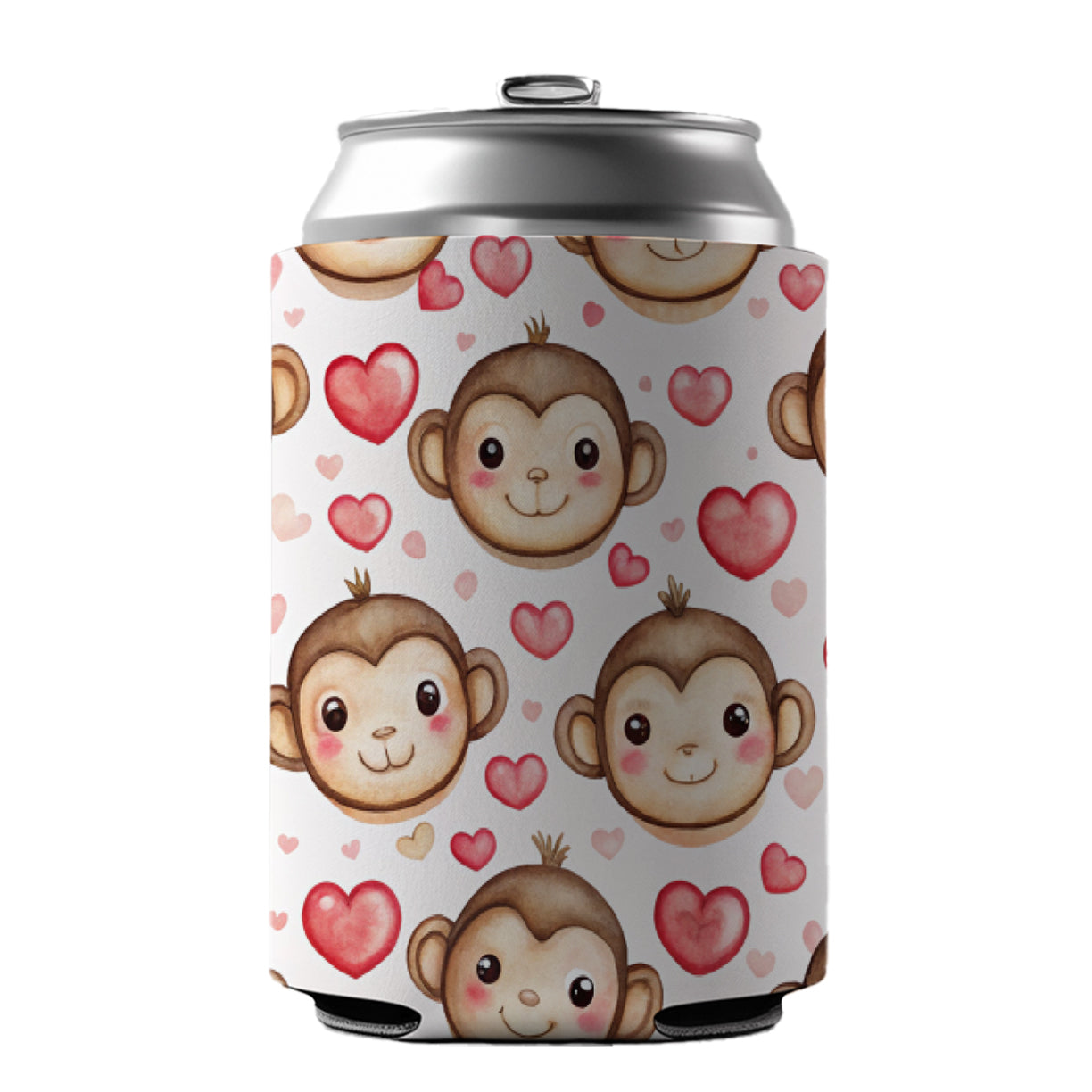 Cute Monkey Faces Hearts Watercolor Can Cooler Beer Soda Drink Insulated Holder Sleeve Hugger