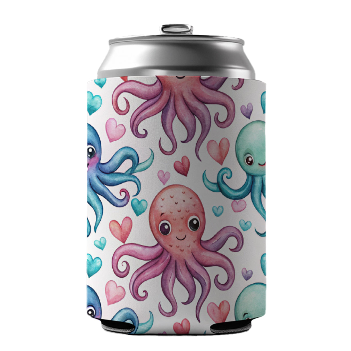 Cute Octopus Hearts Watercolor Can Cooler Beer Soda Drink Insulated Holder Sleeve Hugger