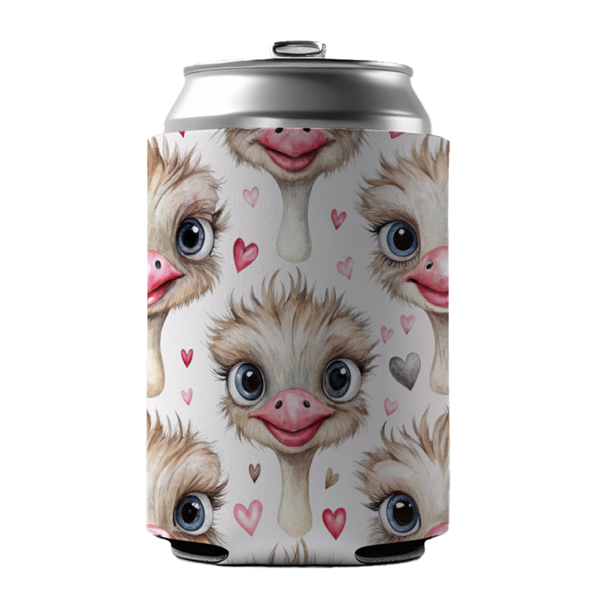 Cute Ostriches Faces Hearts Can Cooler Beer Soda Drink Insulated Holder Sleeve Hugger