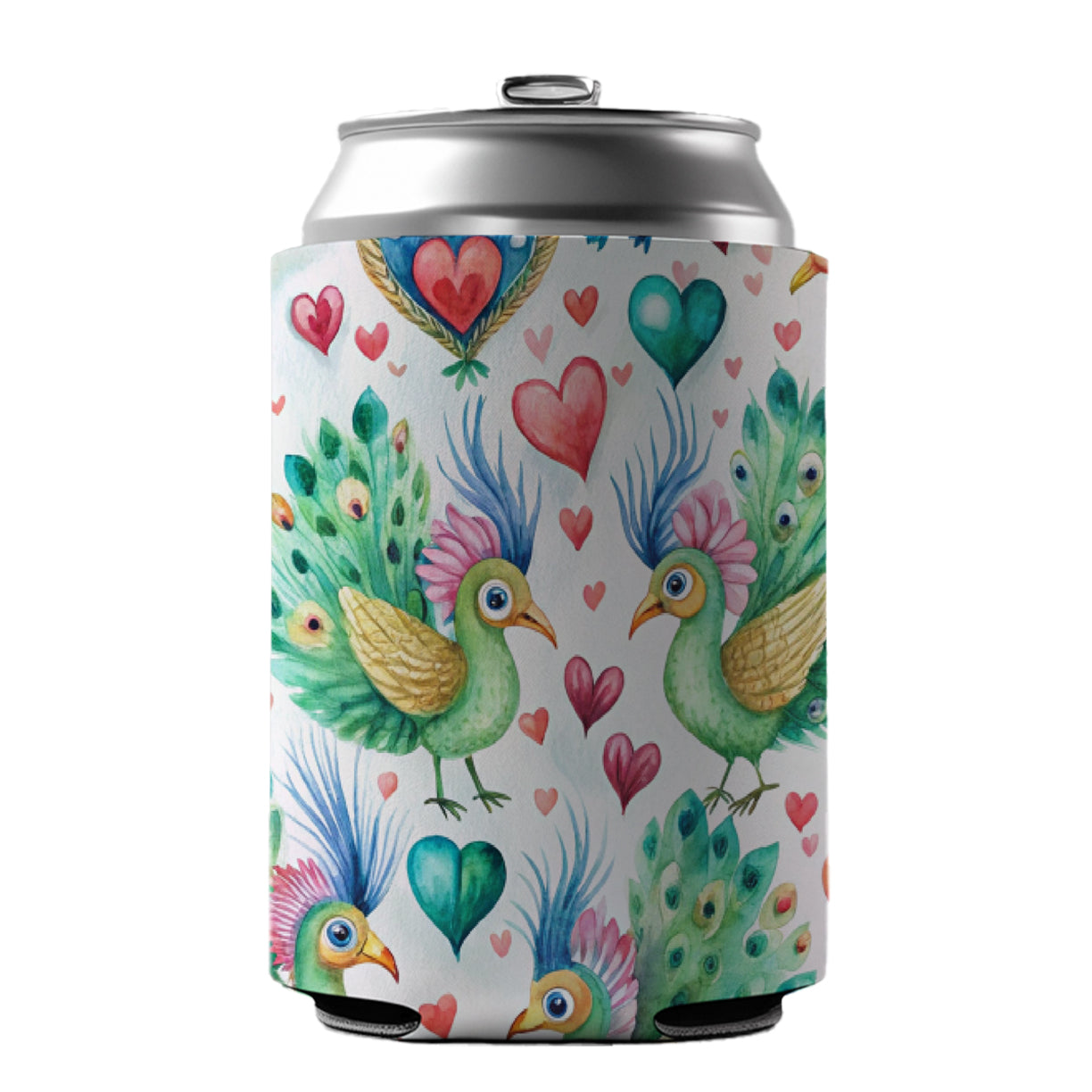 Cute Peacocks Hearts Watercolor Can Cooler Beer Soda Drink Insulated Holder Sleeve Hugger