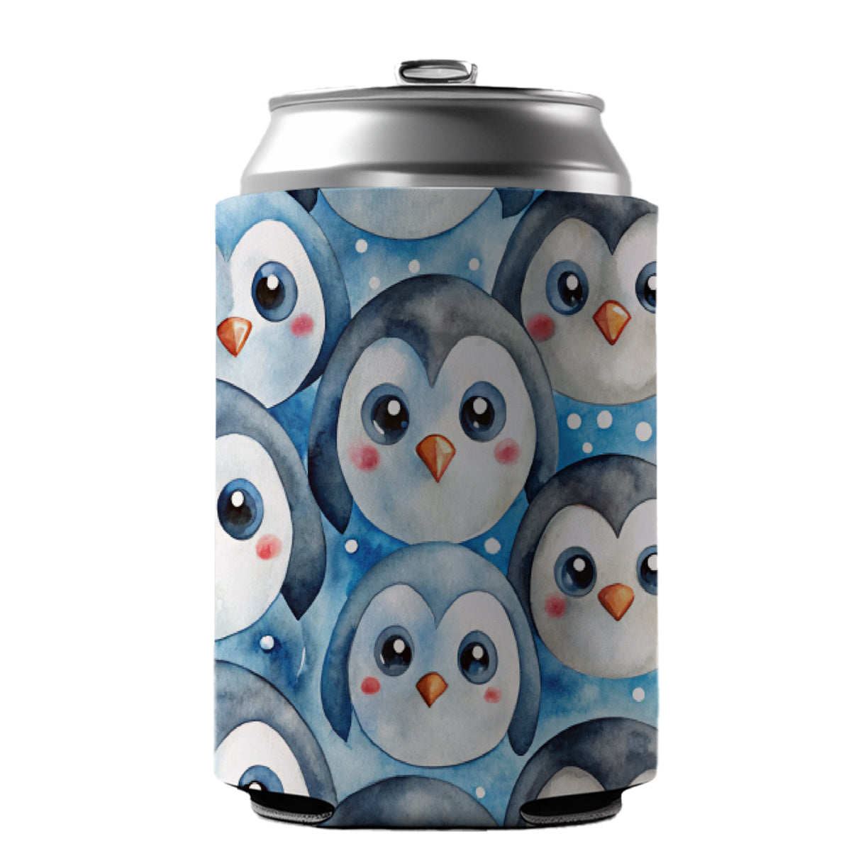Cute Penguin Faces Watercolor Can Cooler Beer Soda Drink Insulated Holder Sleeve Hugger