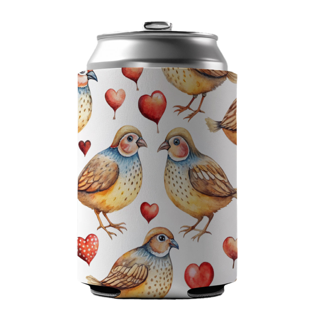 Cute Quails Hearts Watercolor Can Cooler Beer Soda Drink Insulated Holder Sleeve Hugger