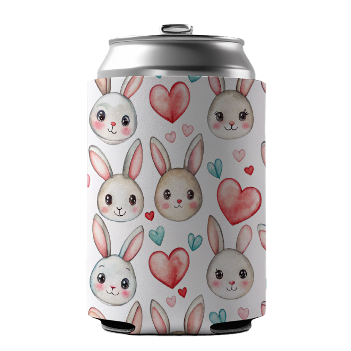 Cute Rabbit Bunny Faces Hearts Easter Can Cooler Beer Soda Drink Insulated Holder Sleeve Hugger