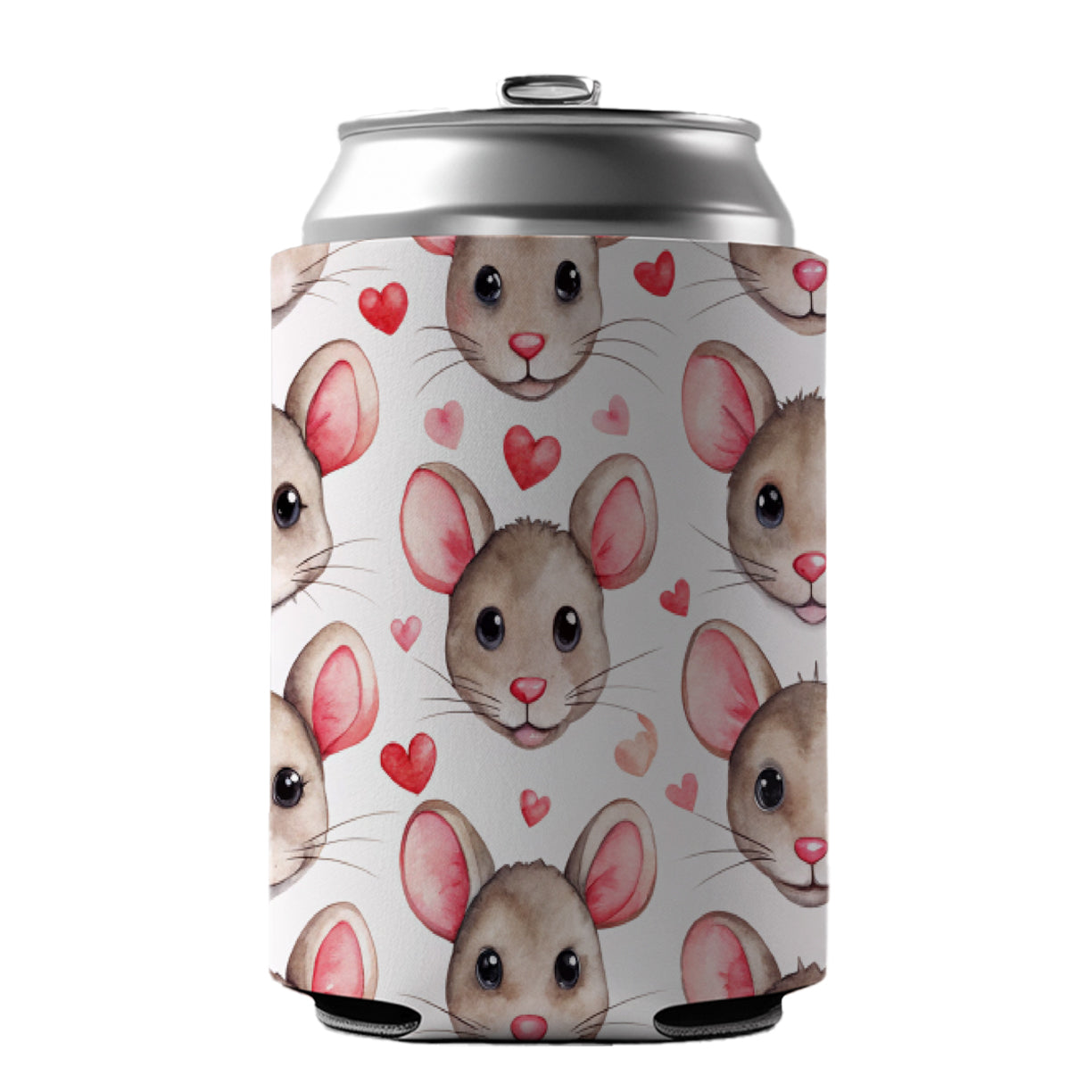 Cute Rat Faces Hearts Watercolor Can Cooler Beer Soda Drink Insulated Holder Sleeve Hugger