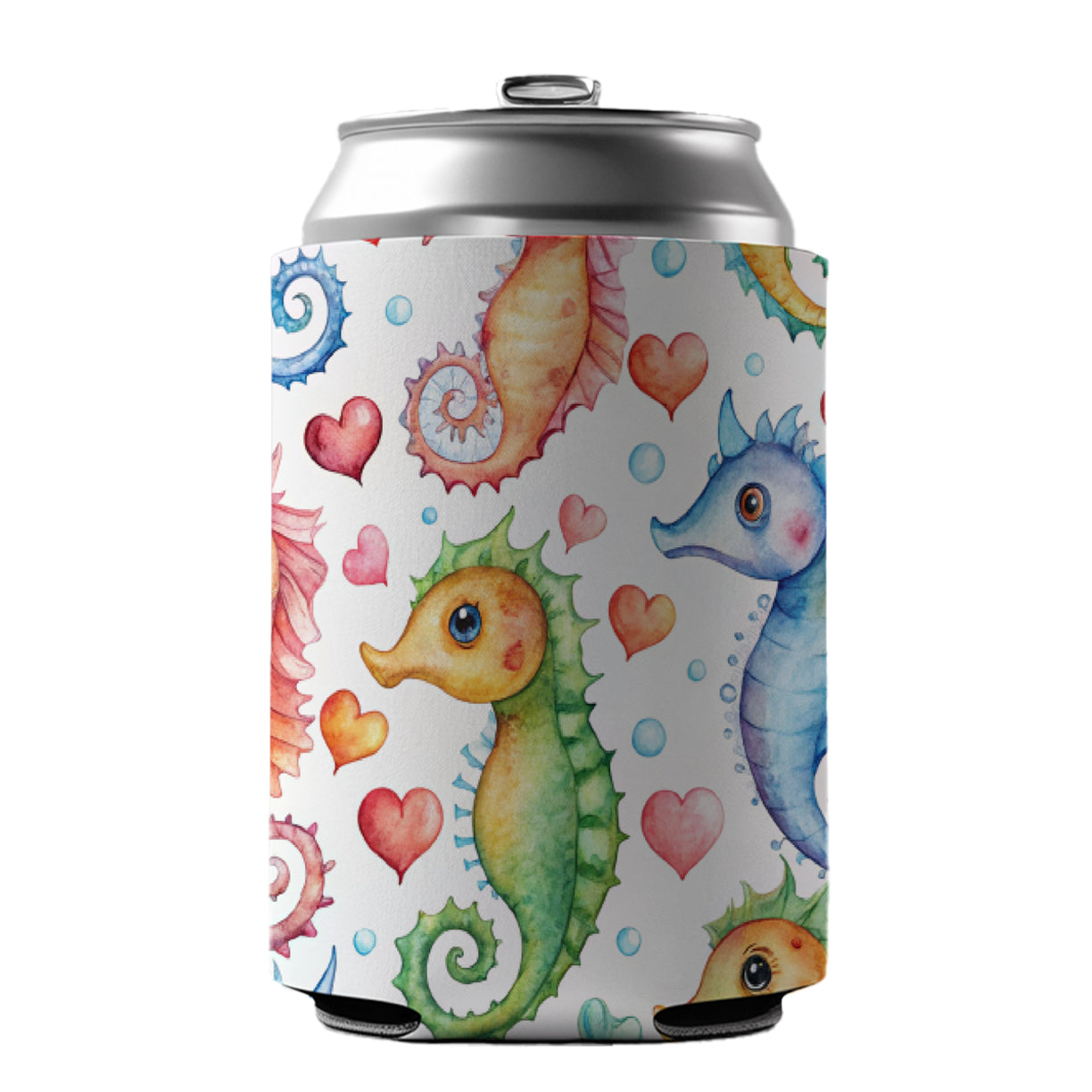 Cute Seahorses Hearts Watercolor Can Cooler Beer Soda Drink Insulated Holder Sleeve Hugger