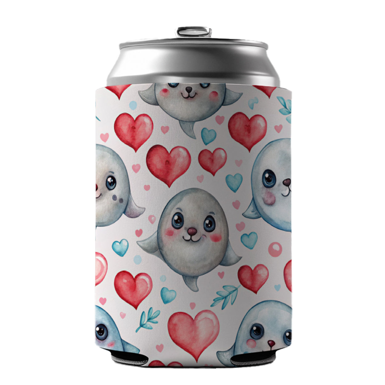 Cute Seals Hearts Watercolor Can Cooler Beer Soda Drink Insulated Holder Sleeve Hugger