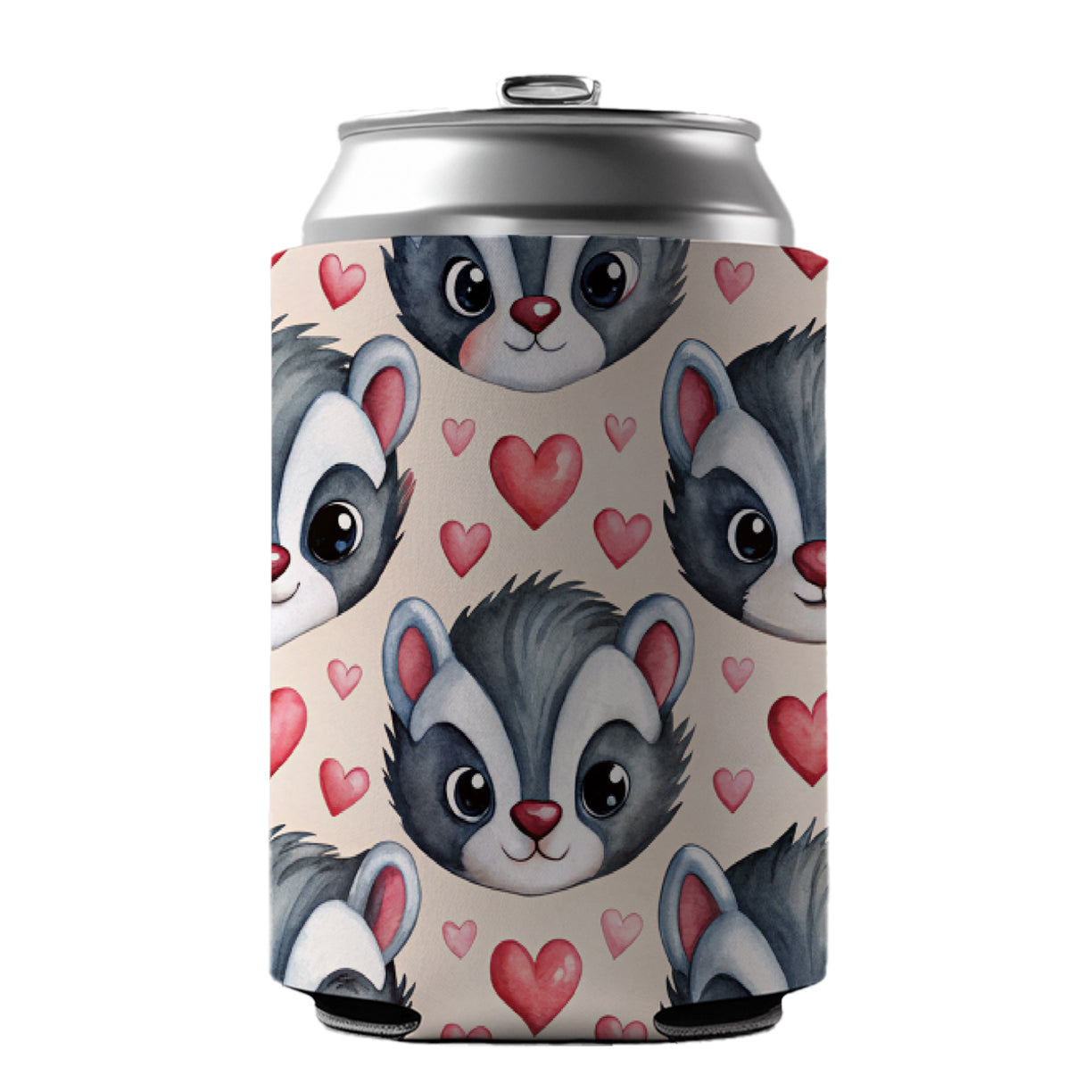 Cute Skunk Faces Hearts Watercolor Can Cooler Beer Soda Drink Insulated Holder Sleeve Hugger