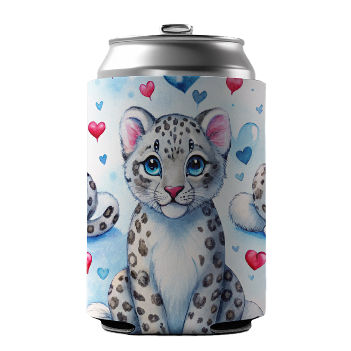 Cute Snow Leopard Hearts Watercolor Can Cooler Beer Soda Drink Insulated Holder Sleeve Hugger