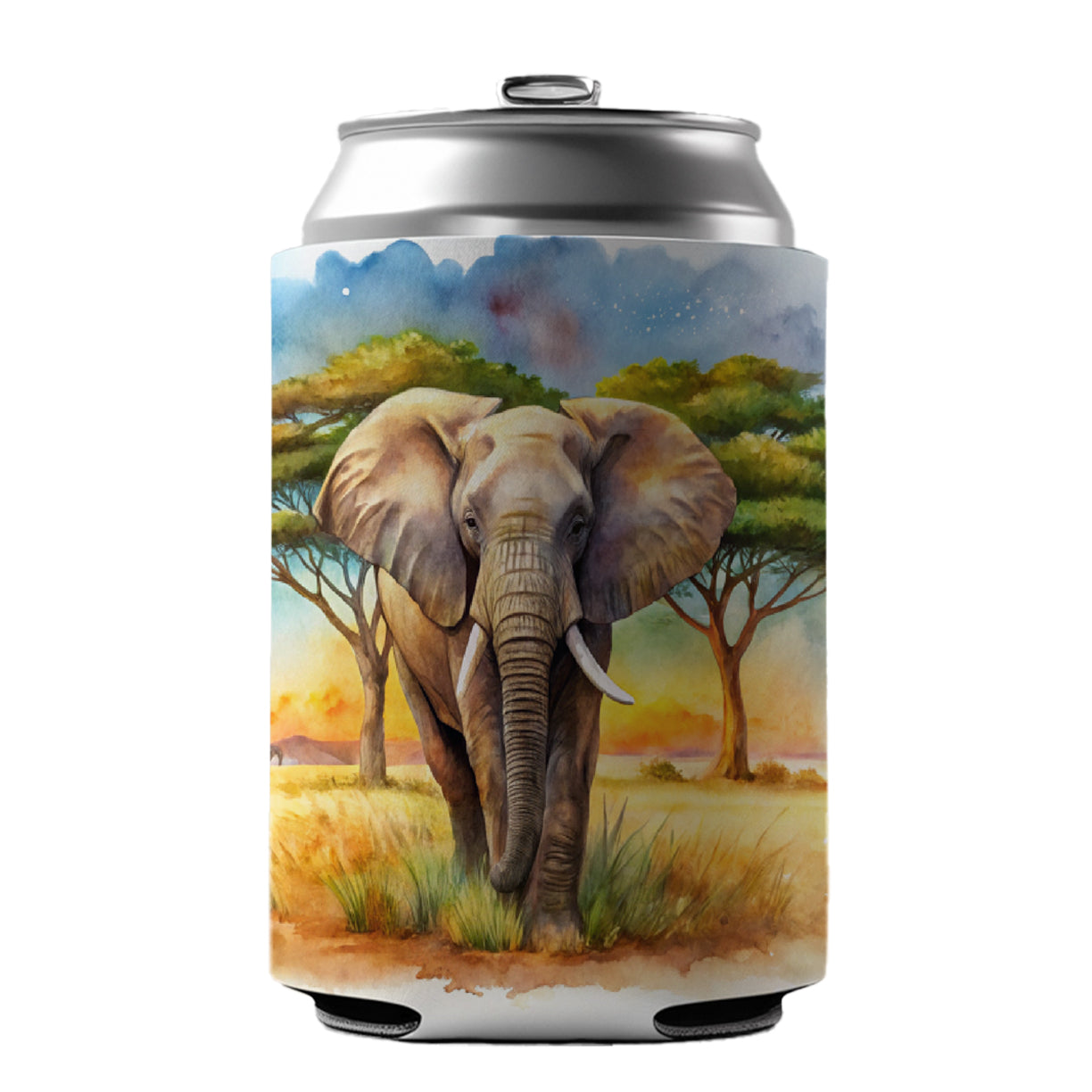 Elephant African Plain Watercolor Design Can Cooler Beer Soda Drink Insulated Holder Sleeve Hugger