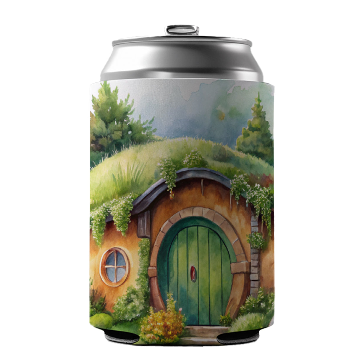 Fantasy House Grass Roof Watercolor Design Can Cooler Beer Soda Drink Insulated Holder Sleeve Hugger