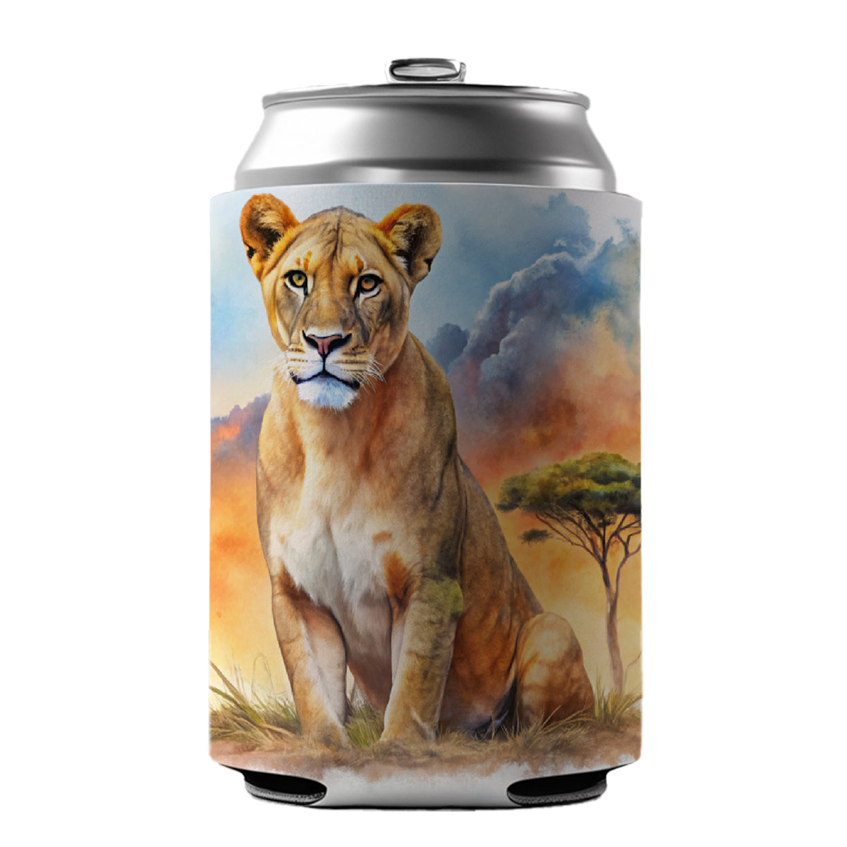Female Lion African Plain Watercolor Design Can Cooler Beer Soda Drink Insulated Holder Sleeve Hugger