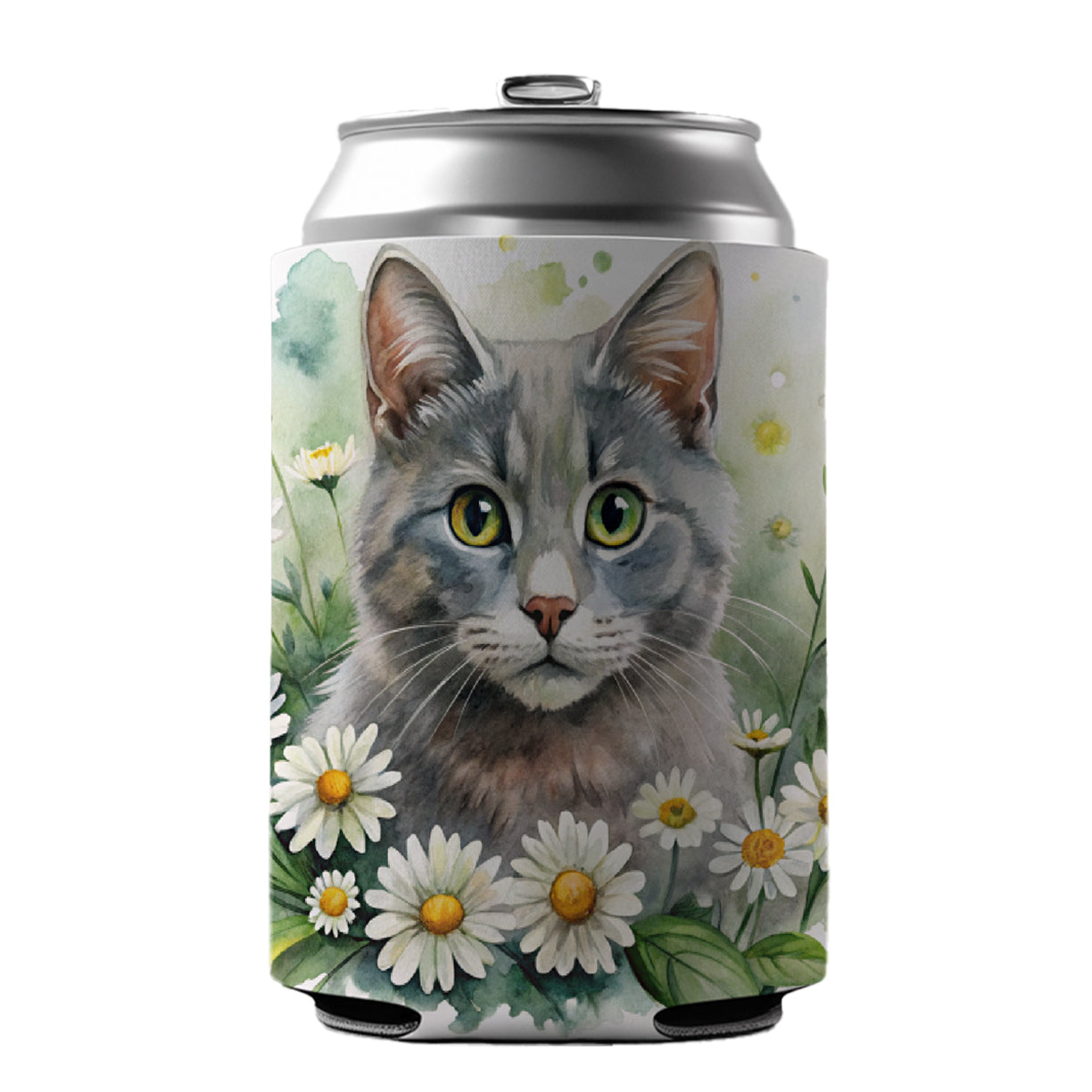 Gray Cat Watercolor Design With Daisies Can Cooler Beer Soda Drink Insulated Holder Sleeve Hugger