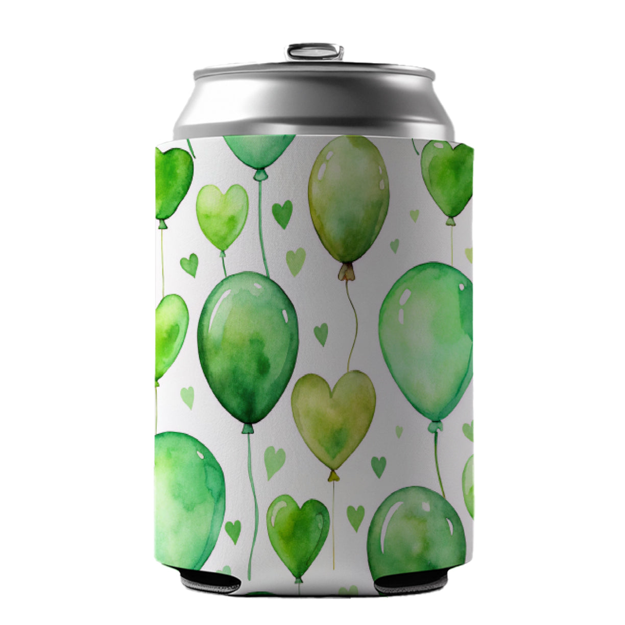 Green Balloons Hearts Watercolor Birthday Can Cooler Beer Soda Drink Insulated Holder Sleeve Hugger