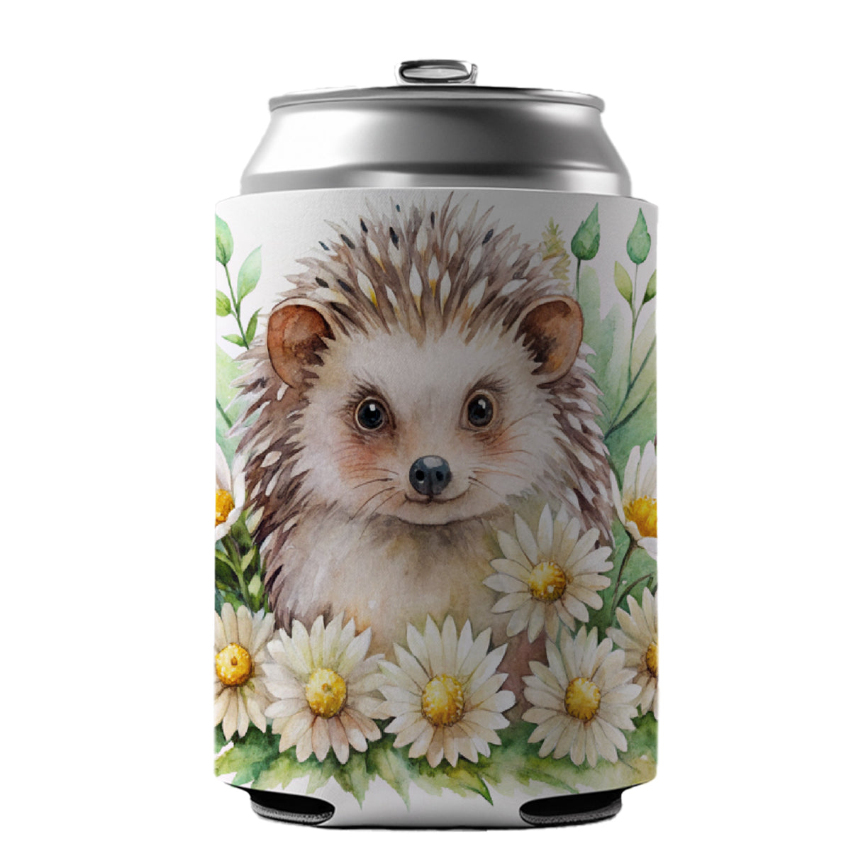 Hedgehog Watercolor Design With Daisies Can Cooler Beer Soda Drink Insulated Holder Sleeve Hugger