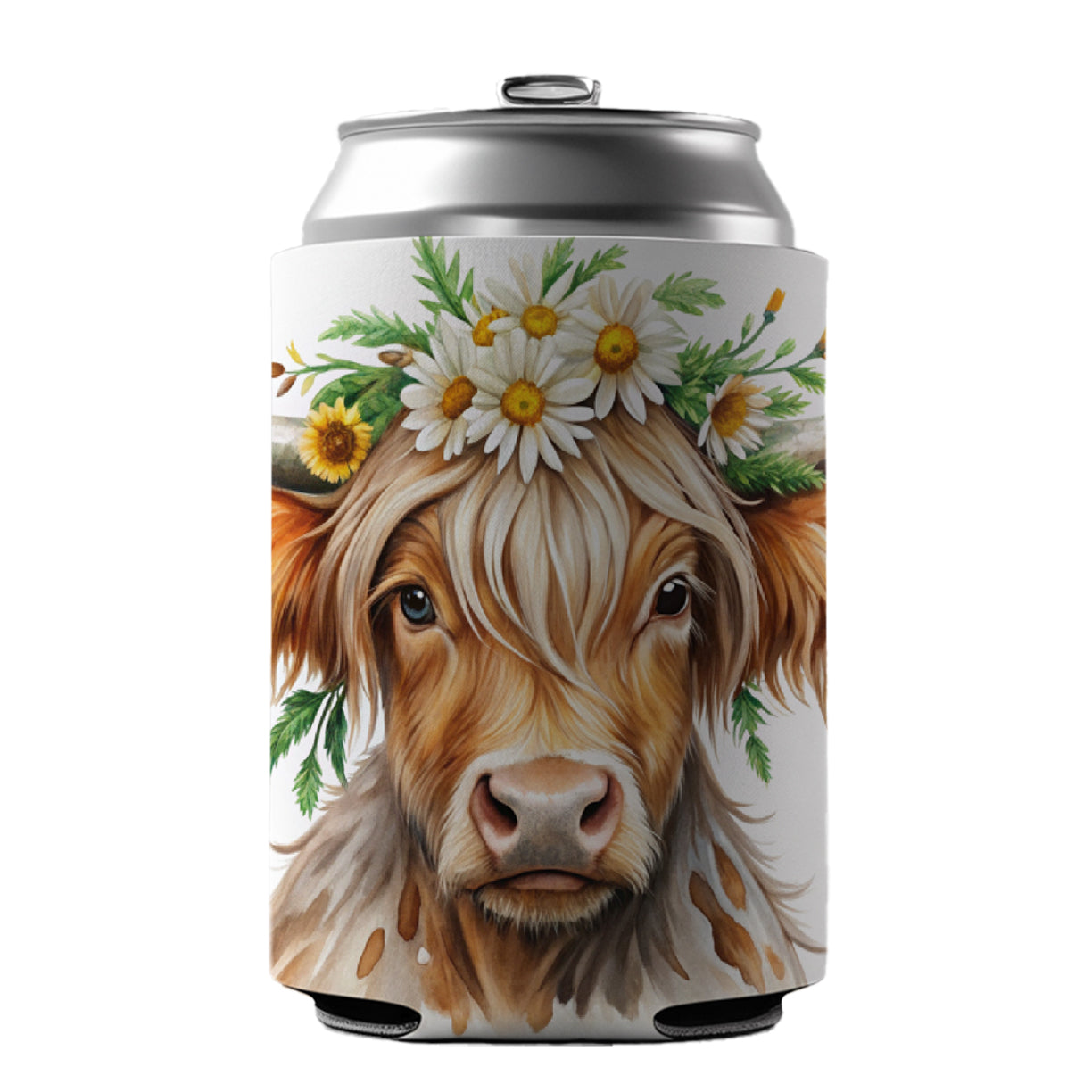 Highland Cow Watercolor Design With Daisies Can Cooler Beer Soda Drink Insulated Holder Sleeve Hugger