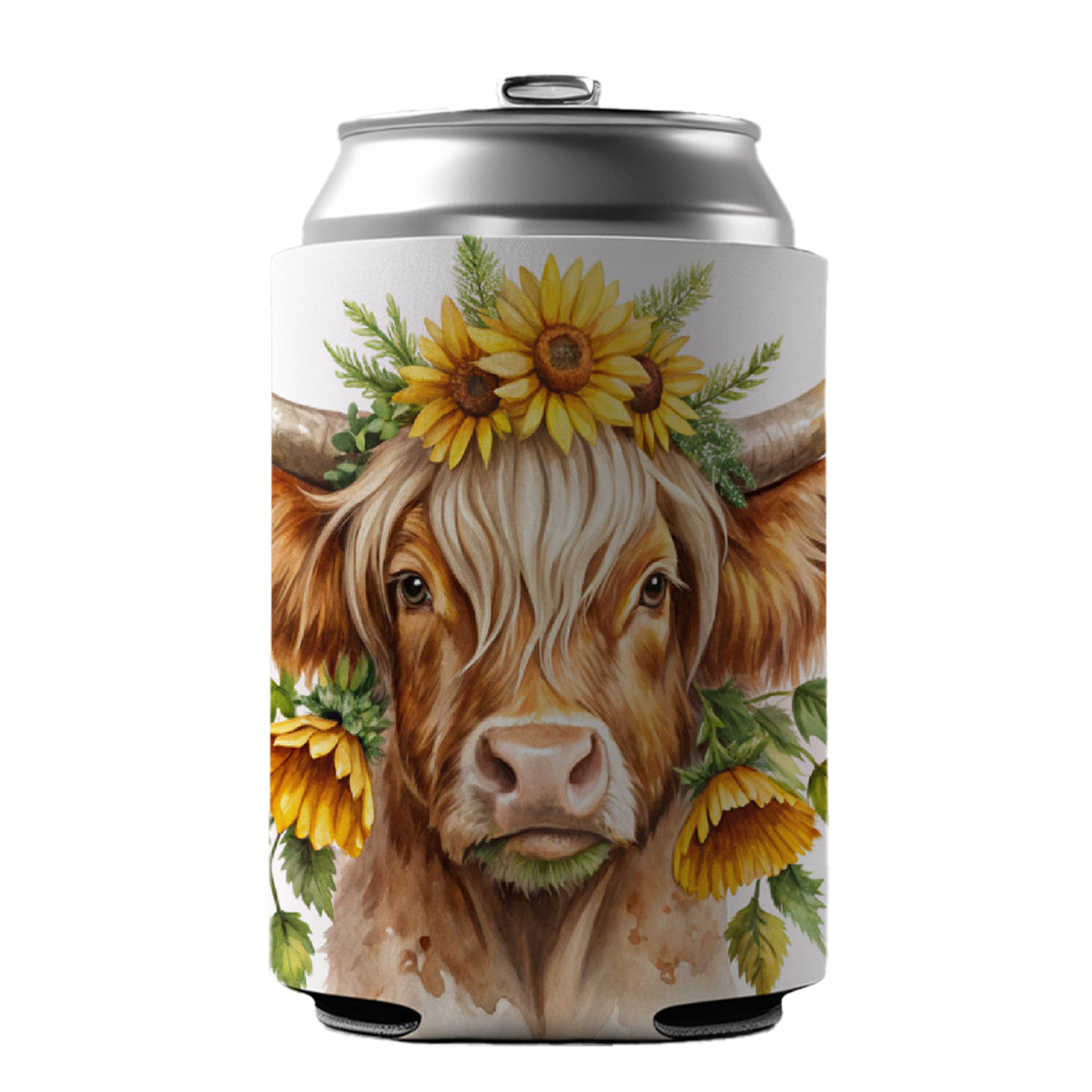 Highland Cow Watercolor Design With Sunflowers Can Cooler Beer Soda Drink Insulated Holder Sleeve Hugger