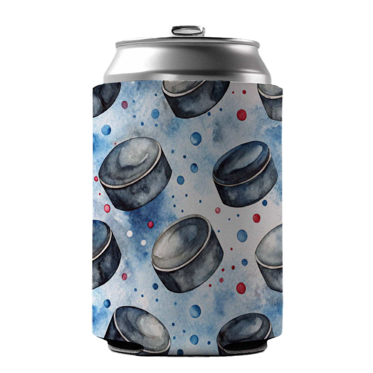 Ice Hockey Pucks Watercolor Can Cooler Beer Soda Drink Insulated Holder Sleeve Hugger