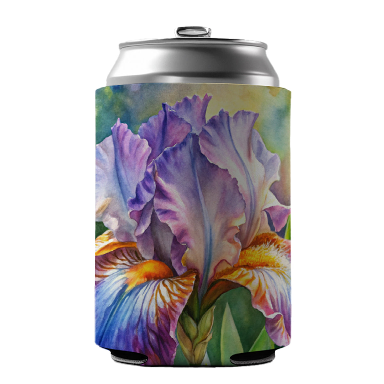 Iris Purple Flowers Watercolor Can Cooler Beer Soda Drink Insulated Holder Sleeve Hugger
