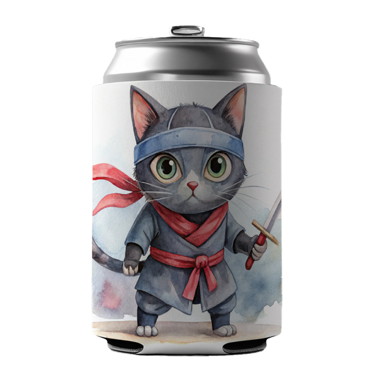 Ninja Cat Watercolor Can Cooler Beer Soda Drink Insulated Holder Sleeve Hugger