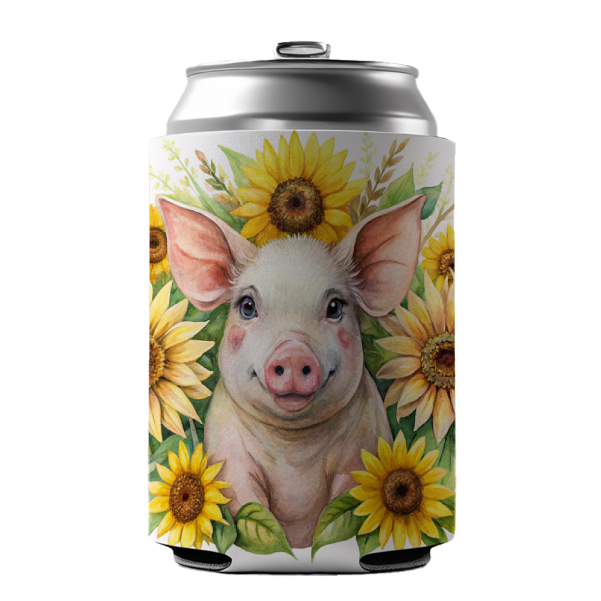 Pig In Sunflowers Watercolor Design Can Cooler Beer Soda Drink Insulated Holder Sleeve Hugger
