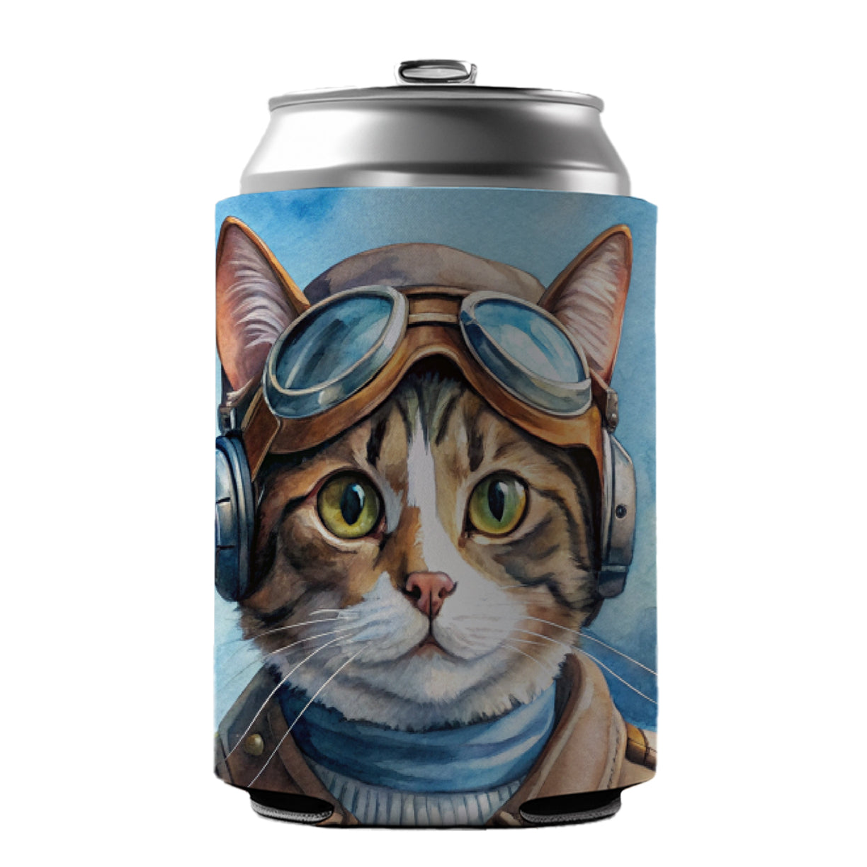 Pilot Cat Watercolor Can Cooler Beer Soda Drink Insulated Holder Sleeve Hugger