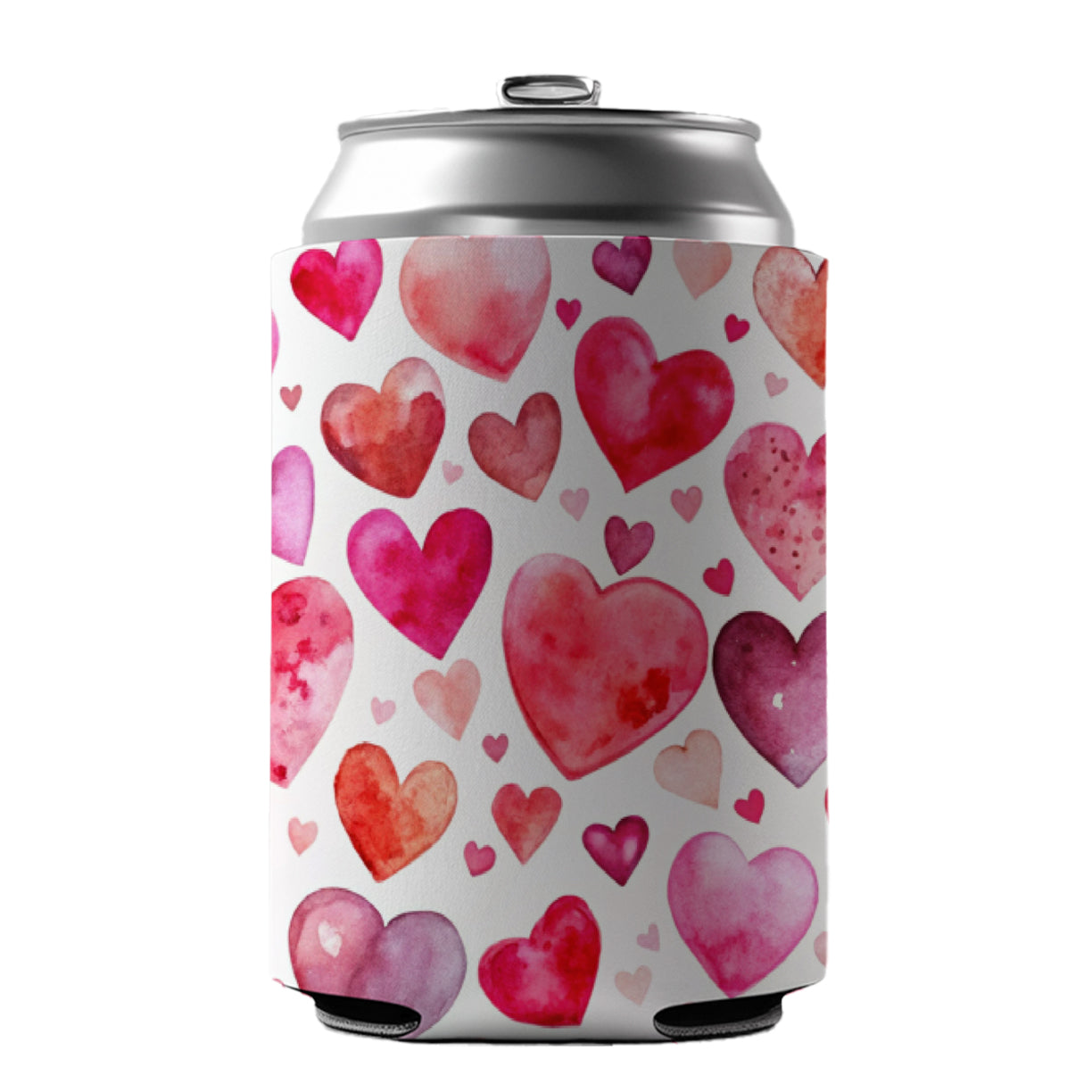 Pink And Red Scattered Hearts Watercolor Can Cooler Beer Soda Drink Insulated Holder Sleeve Hugger