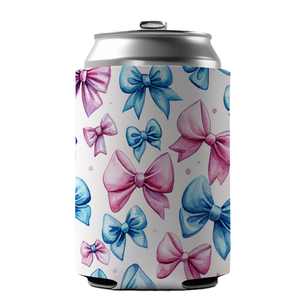 Pink Blue Scattered Coquette Bows Watercolor Can Cooler Beer Soda Drink Insulated Holder Sleeve Hugger