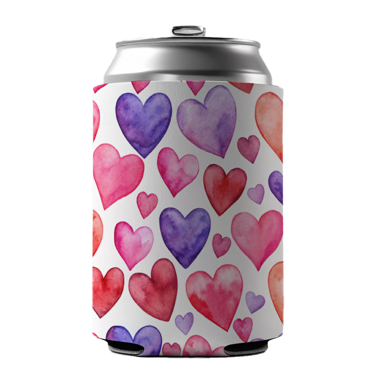 Pink Red Purple Hearts Watercolor Can Cooler Beer Soda Drink Insulated Holder Sleeve Hugger